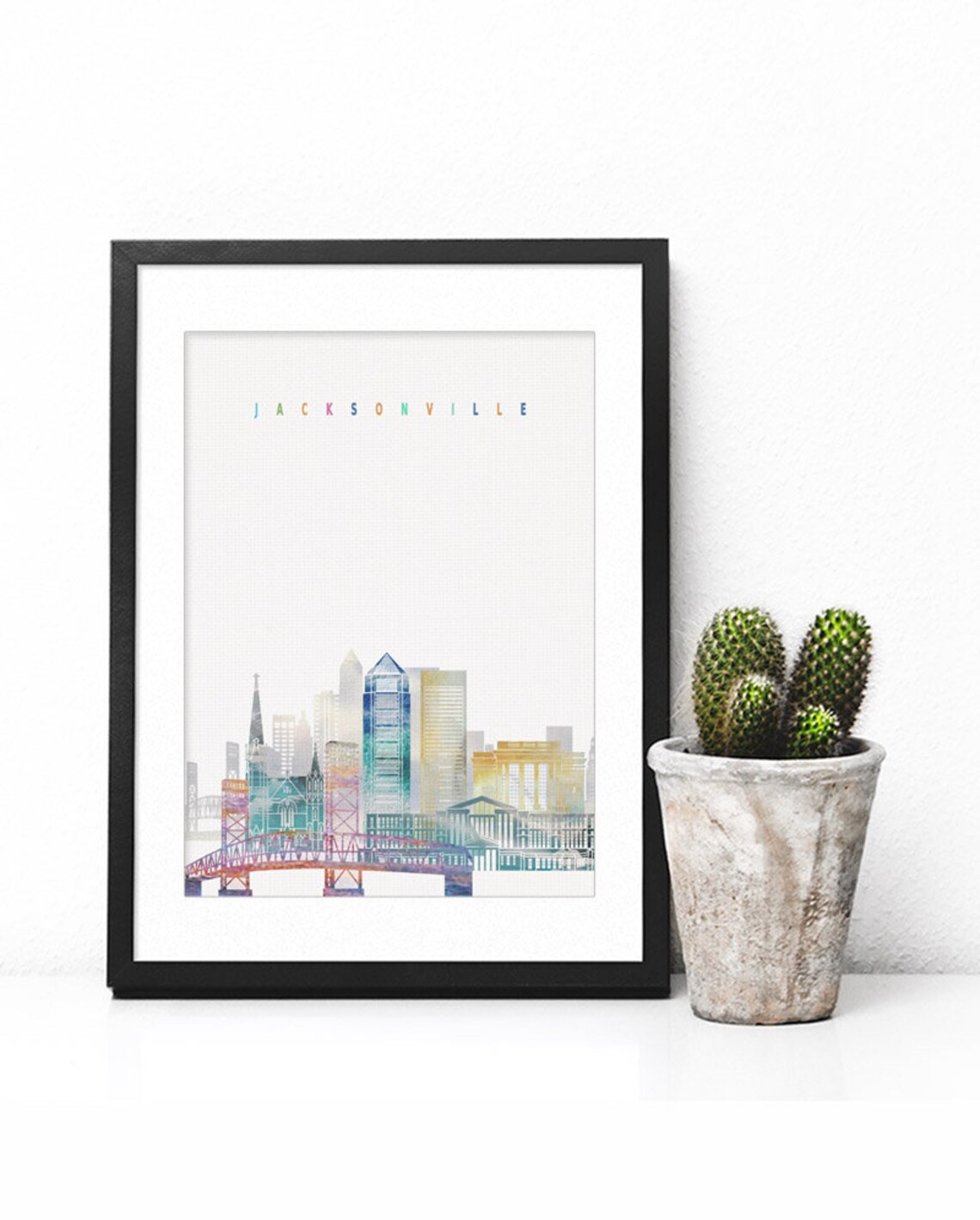 Jacksonville Florida Watercolor Skyline Bridge Cityscape Poster - Image 2