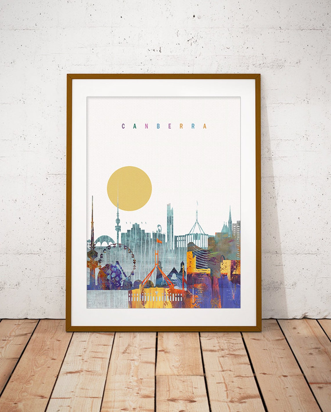 Canberra Watercolor Skyline Golden Sun Modern Home Decor Poster