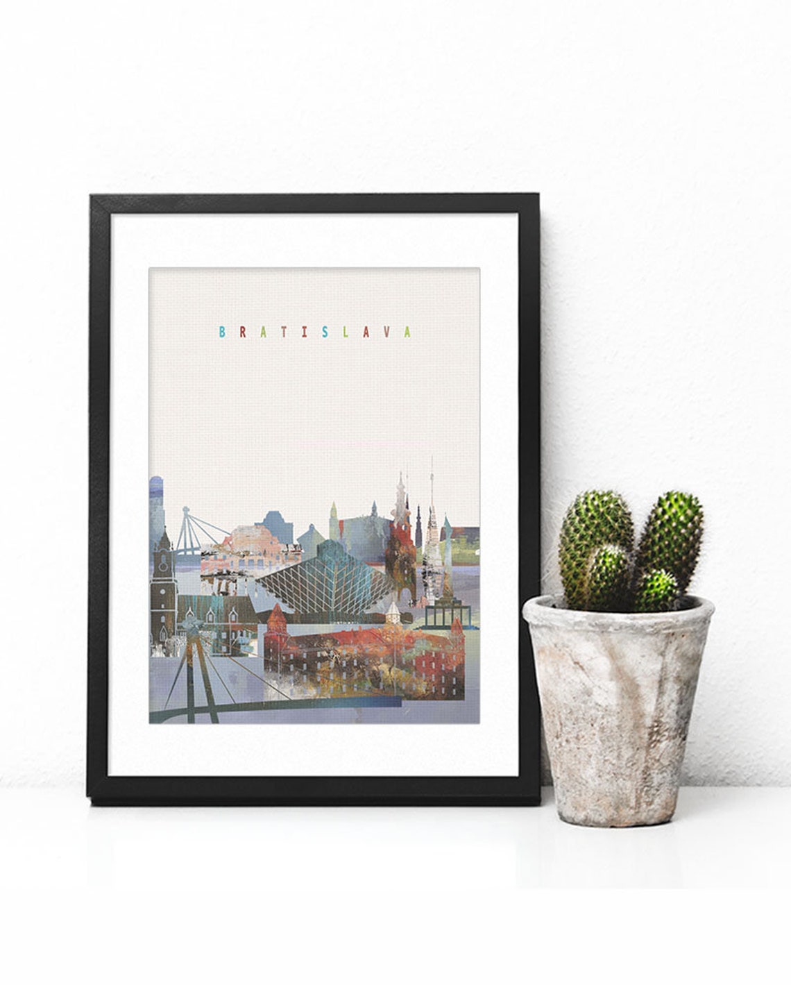 Bratislava Slovakia Watercolor UFO Bridge Skyline Art Poster - Image 2