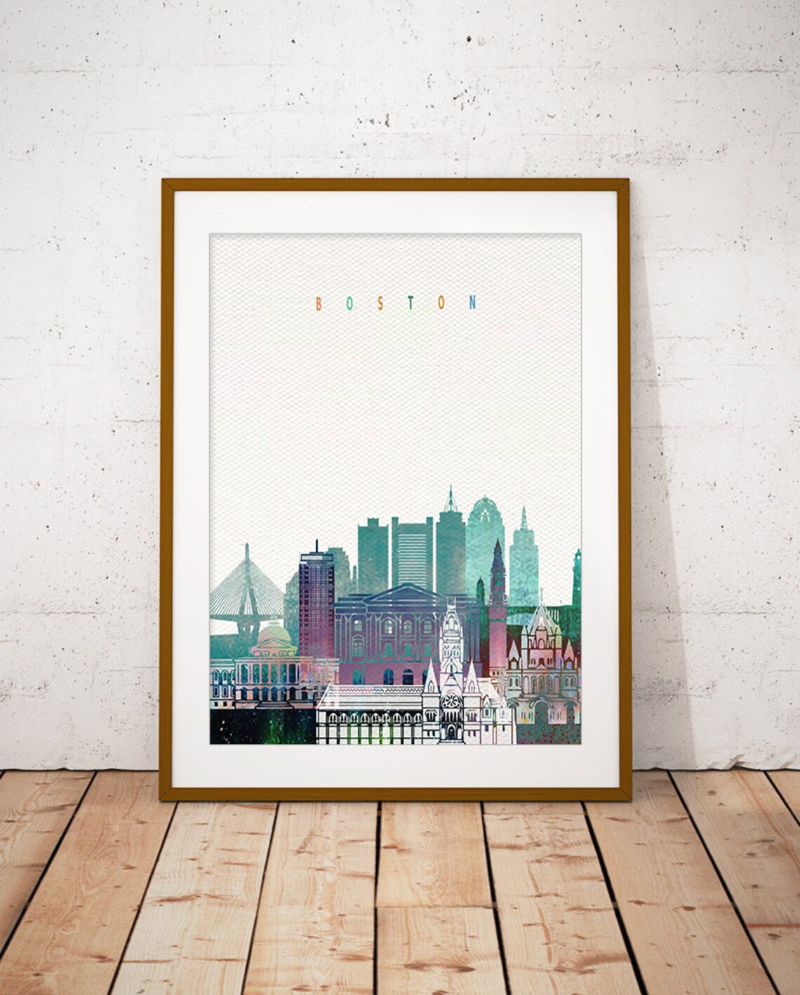 Boston Massachusetts Colorful Watercolor City Skyline Art Poster
