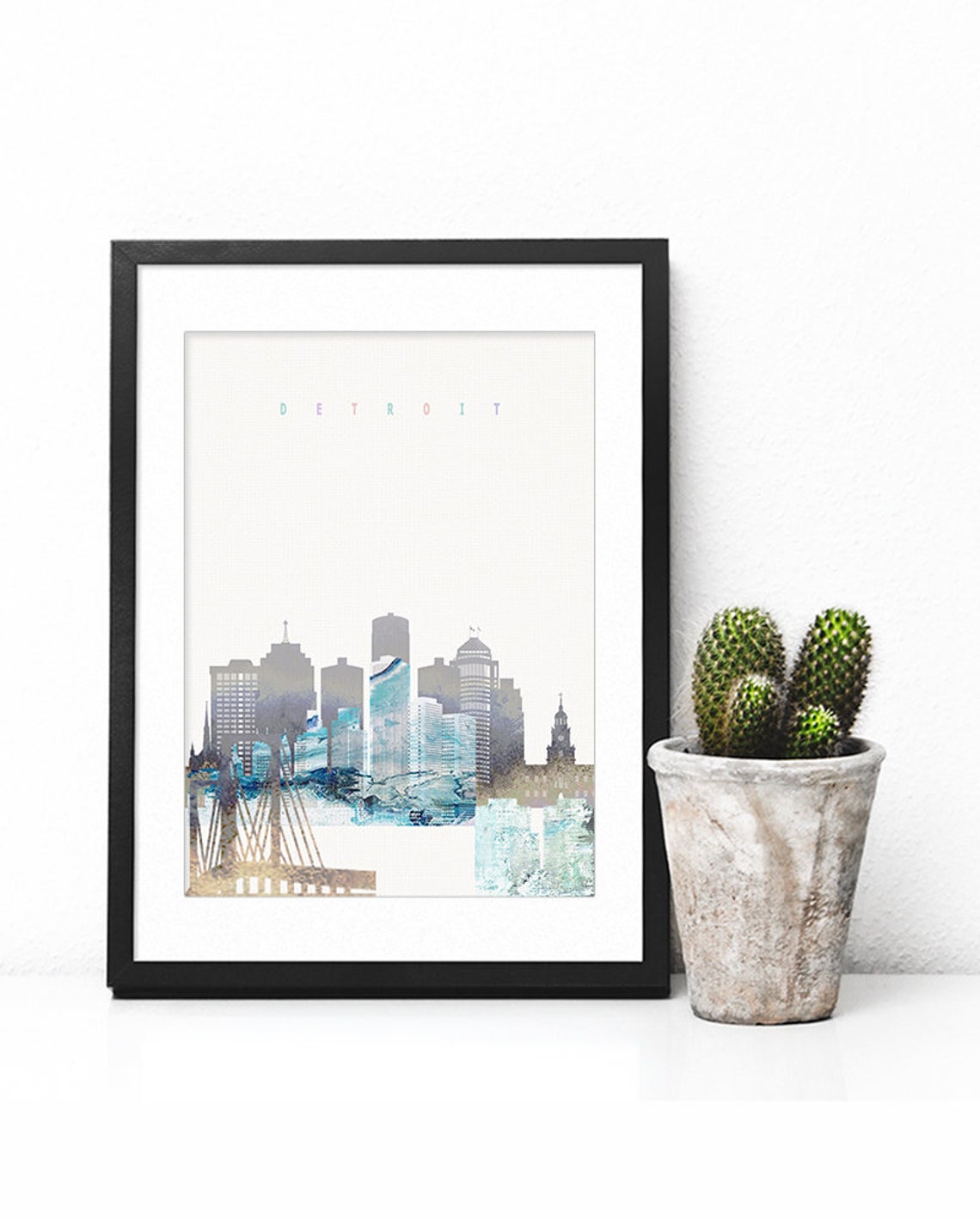 Detroit Watercolor Skyline Riverfront Modern Home Decor Poster - Image 2