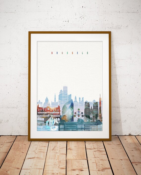 Brussels Belgium Watercolor Skyline Cityscape Fine Art Poster
