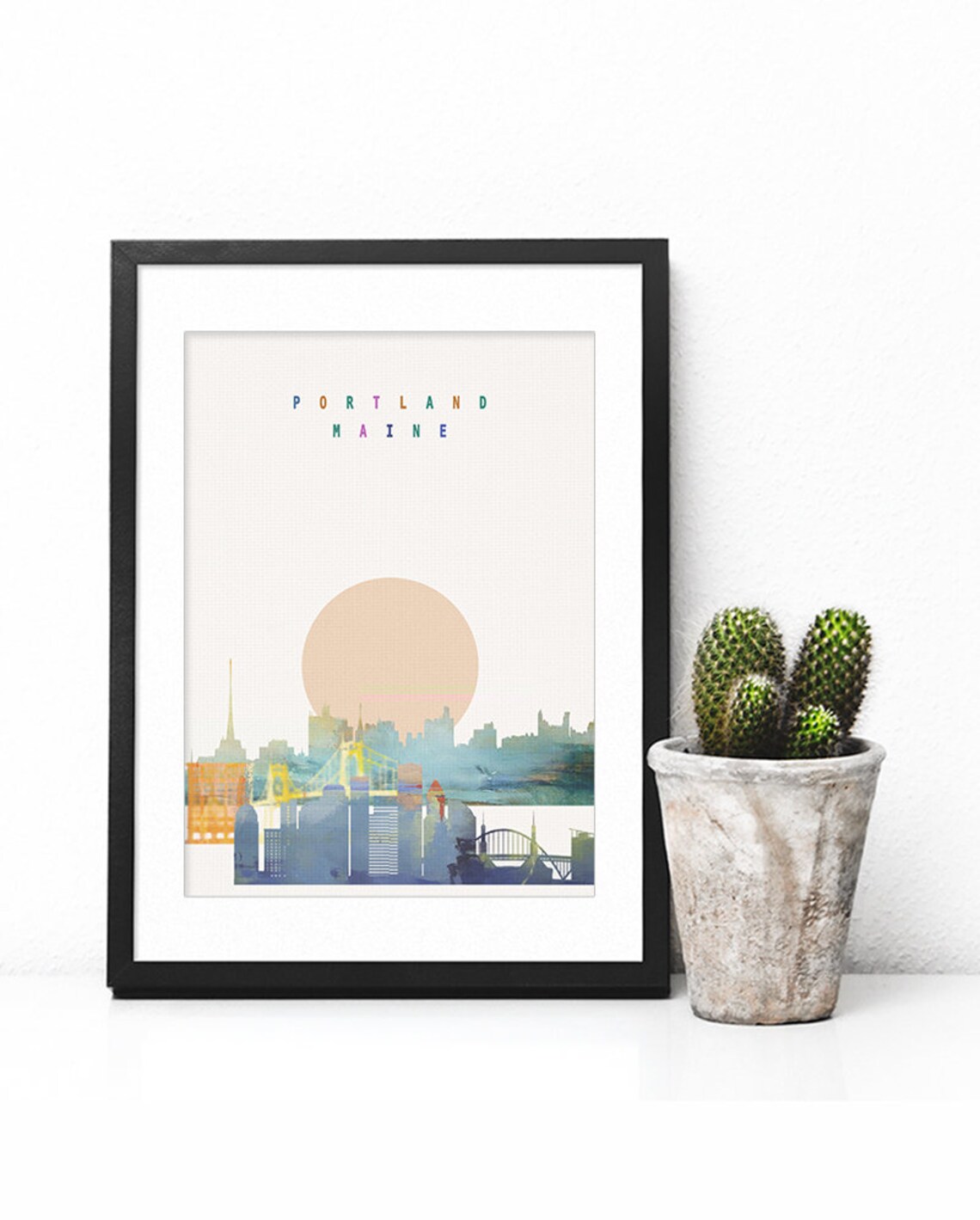 Portland Maine Waterfront Sunset Watercolor Skyline Poster Art - Image 2