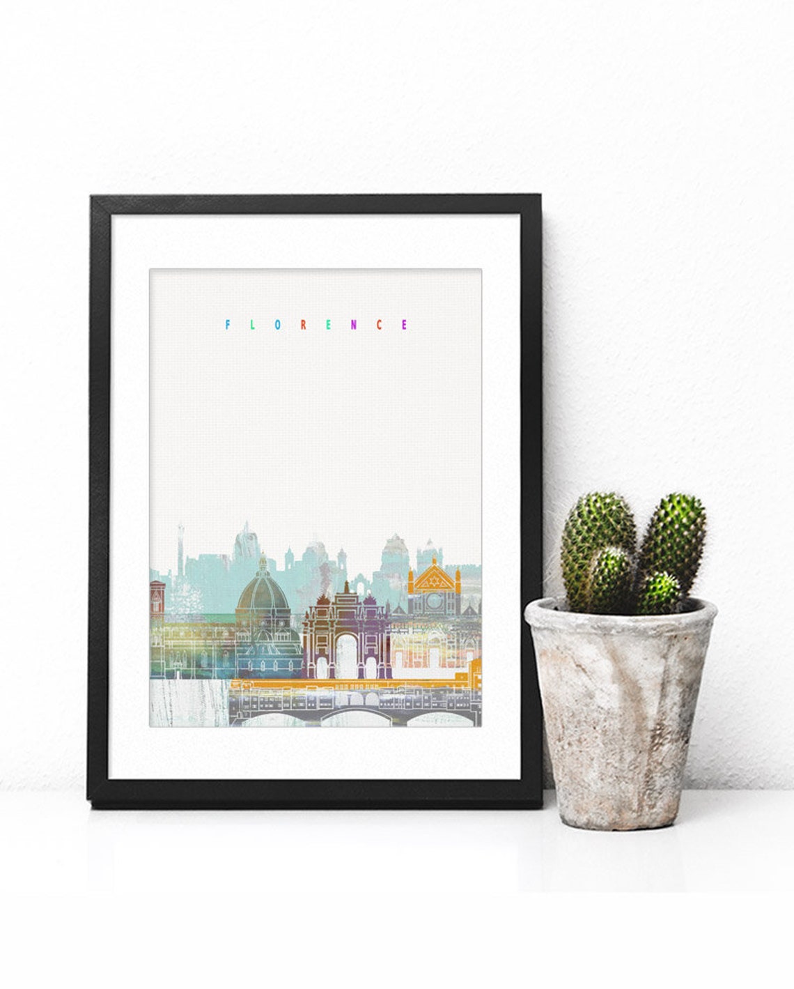 Florence Italy Watercolor Skyline Duomo Bridge Pastel Letter Poster - Image 2