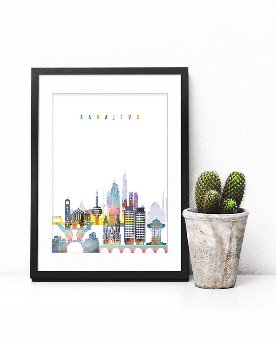 Sarajevo Bright Colorful Watercolor City Skyline Wall Decor Poster - Image 2