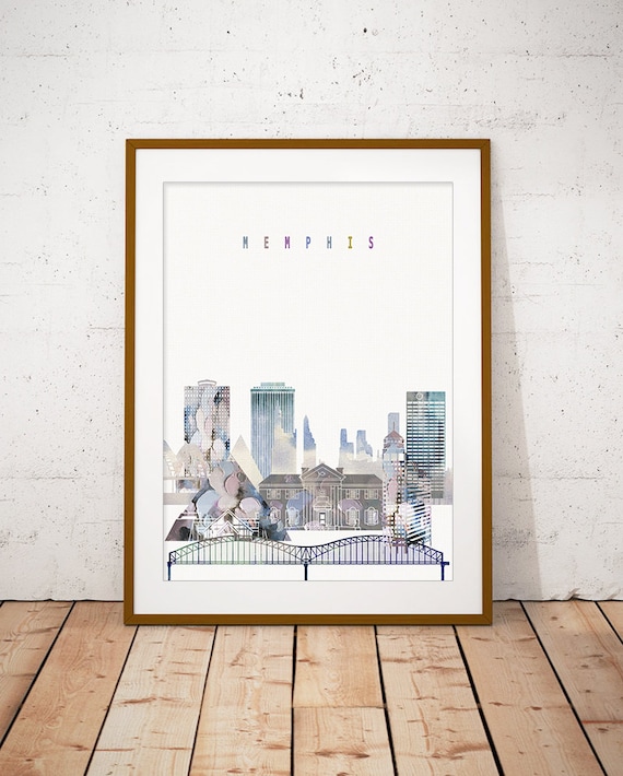 Memphis Skyline Watercolor With Pyramid And Bridge Art Poster