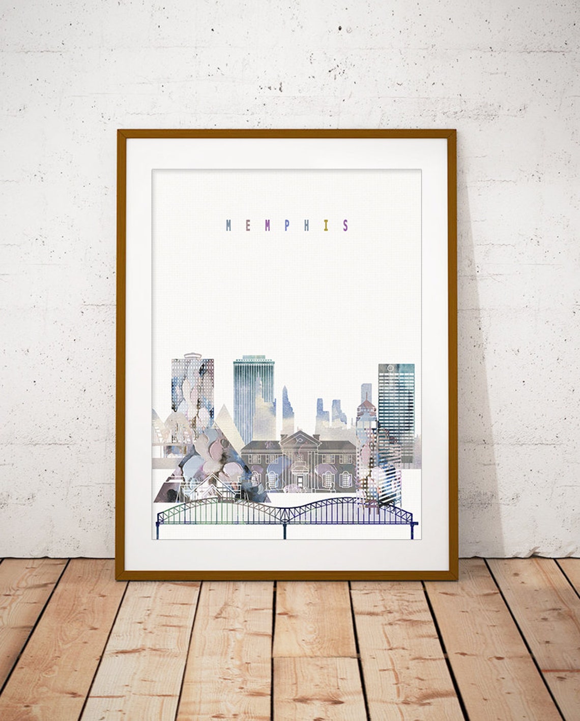 Memphis Skyline Watercolor With Pyramid And Bridge Art Poster