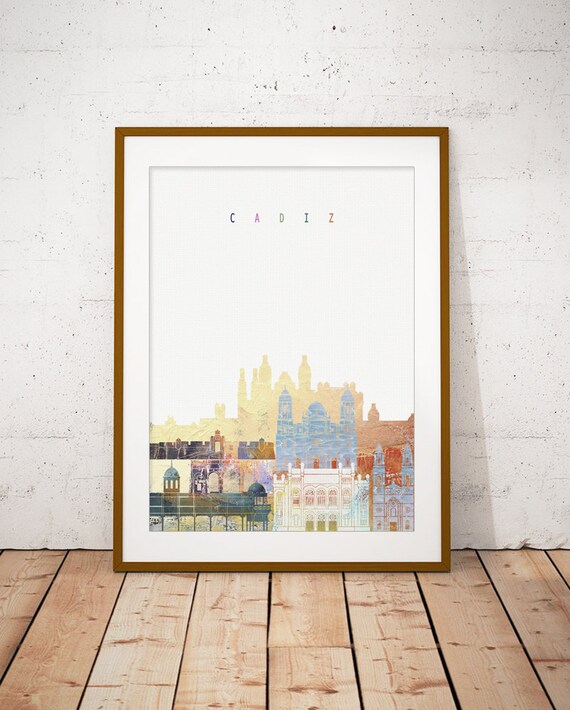 Cadiz Spain Golden Watercolor Old Town Skyline Art Modern Home Decor Poster