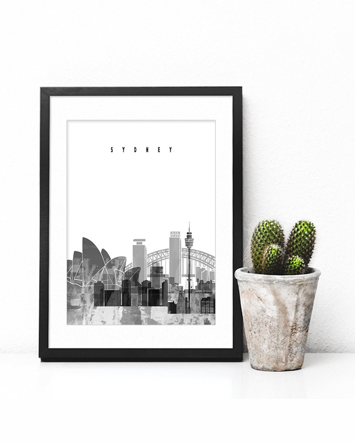Sydney Skyline Black And White Tower Bridge Watercolor Art Poster - Image 2