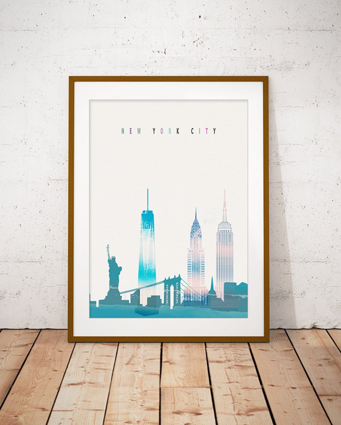 New York City Watercolor Skyline Iconic Landmarks Cityscape Poster