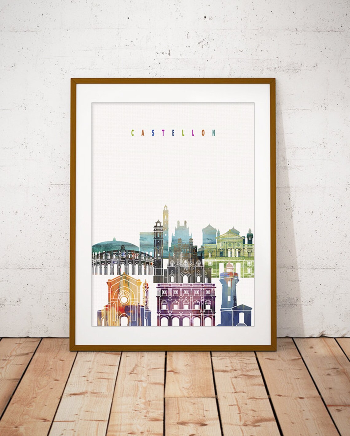 Castellon Spain Colorful Watercolor City Skyline Landmarks Poster