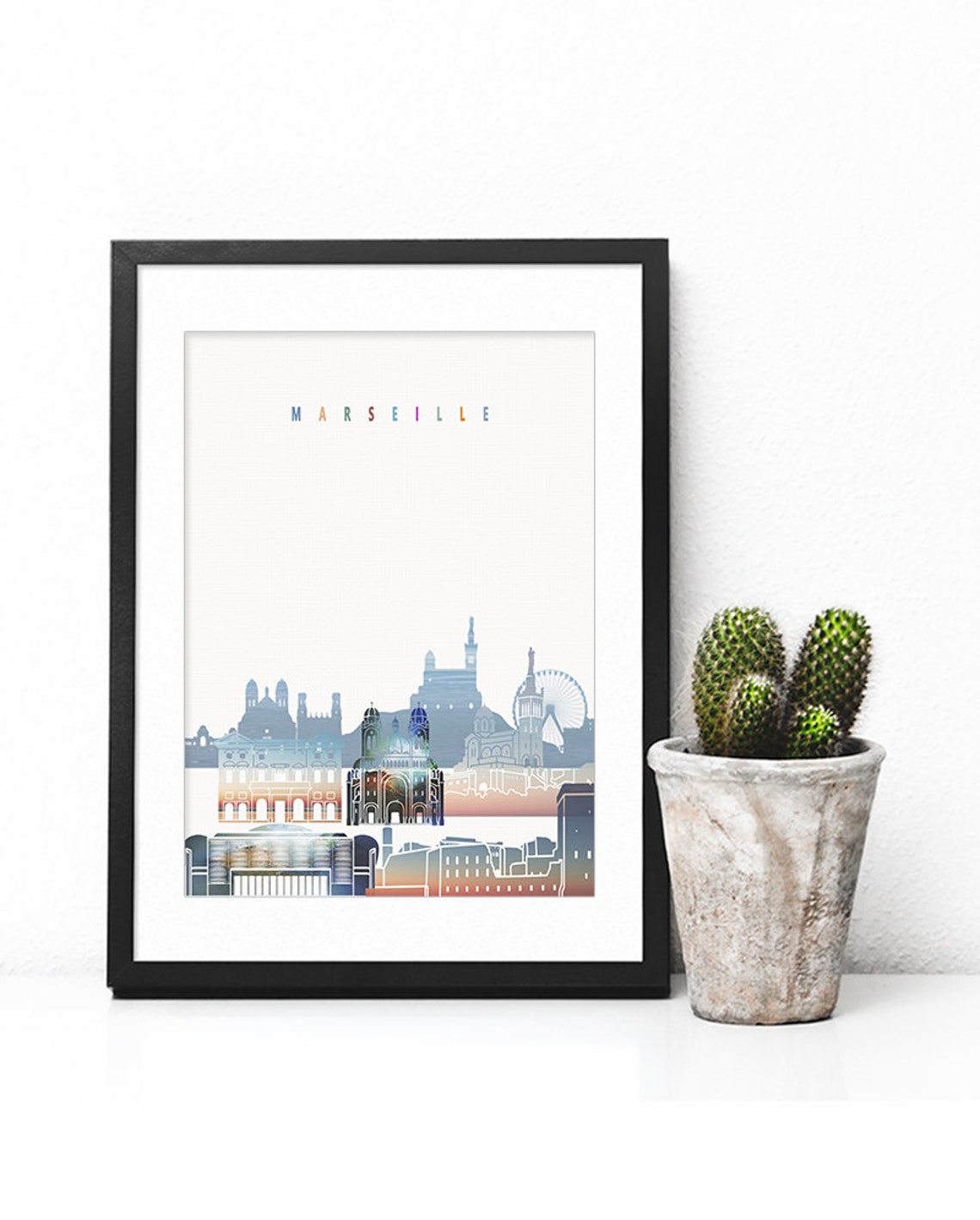 Marseille France Watercolor Skyline Old Harbor Cityscape Poster - Image 2
