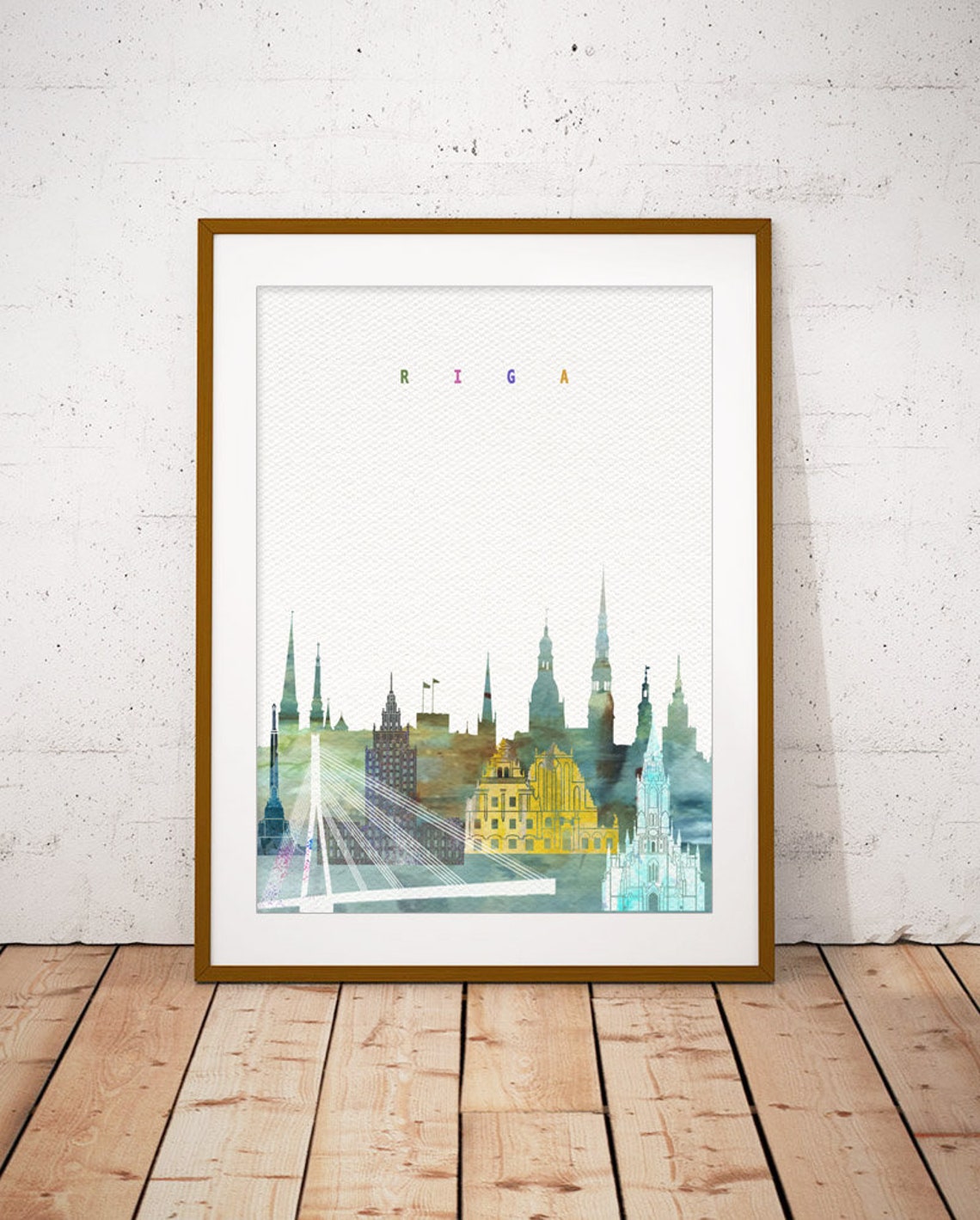 Riga Latvia Watercolor Skyline Spires Bridge Cityscape Poster