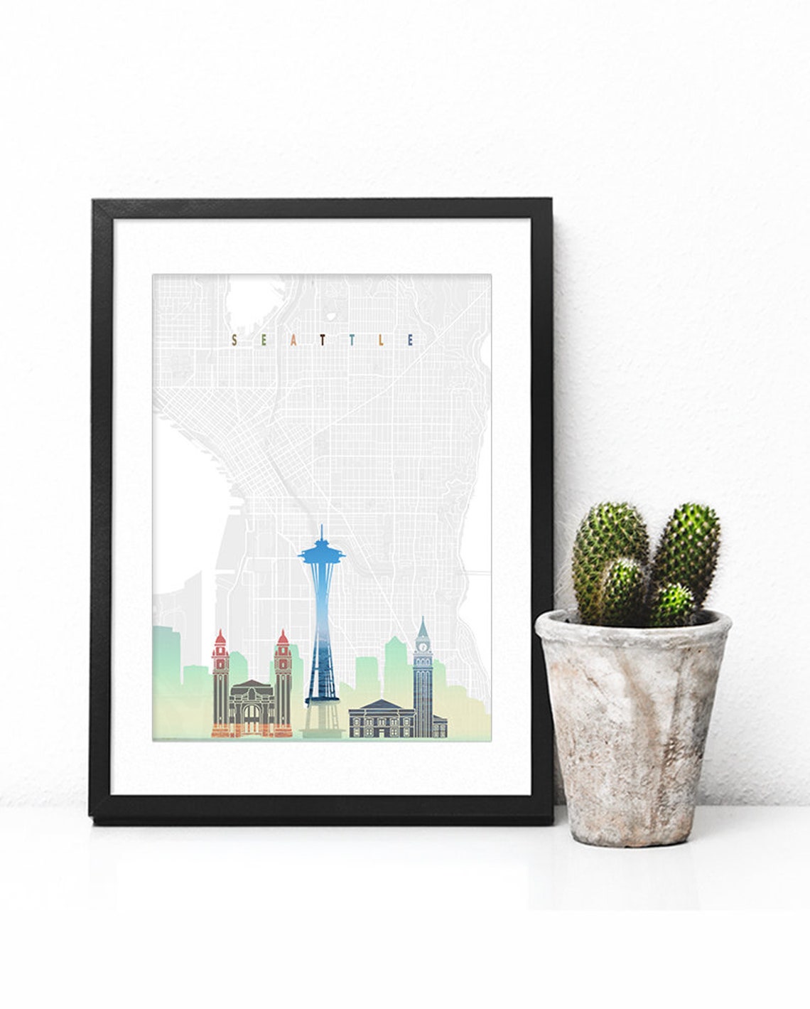 Seattle Washington Space Needle Street Map Skyline Poster Art - Image 2