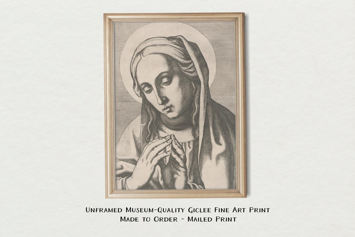 Virgin Mary Praying Vintage Engraving Moody Catholic Portrait Art Print - Image 3