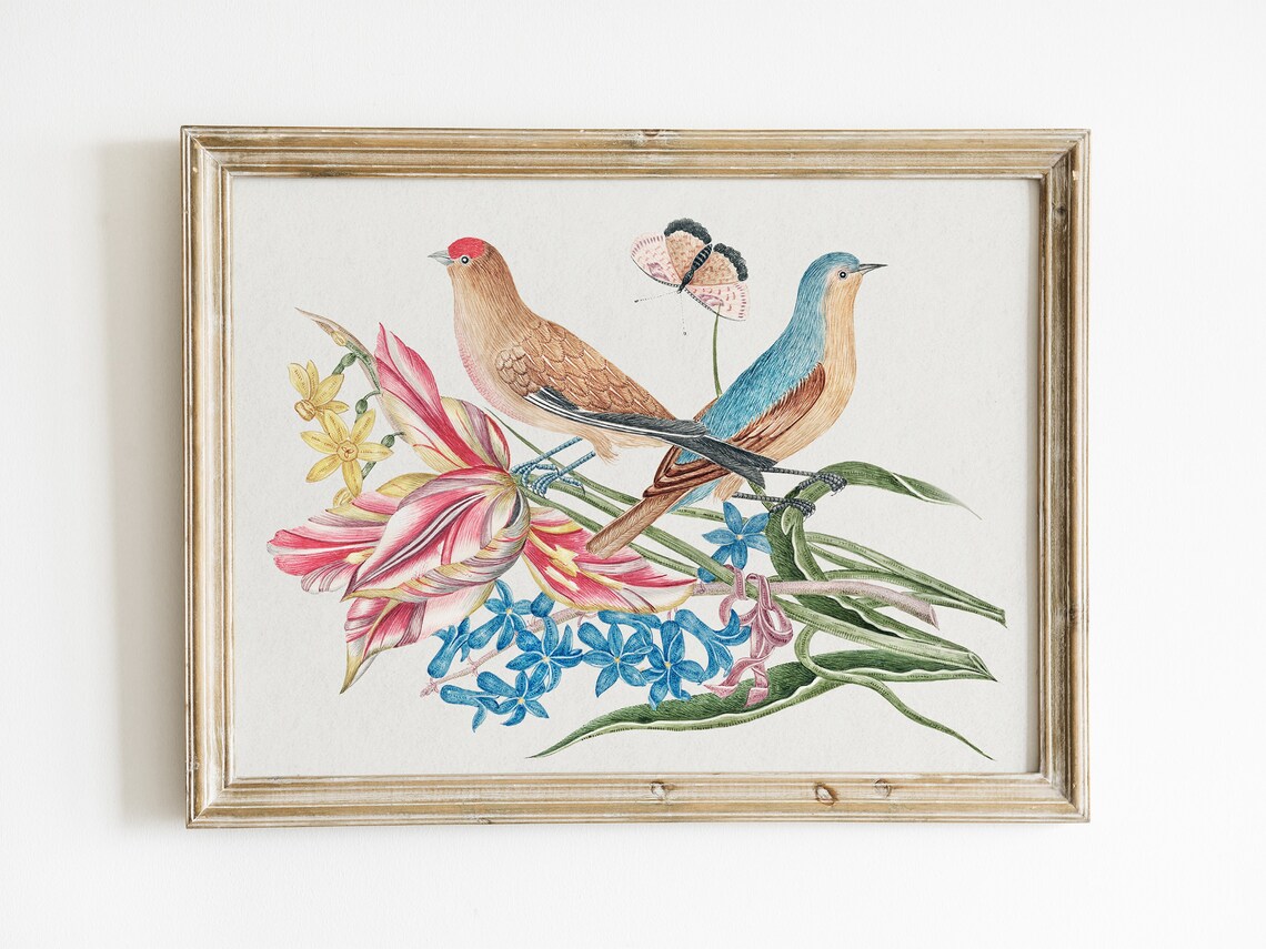 Two Songbirds Tulips Hyacinths Vintage Bird Illustration Antique Print
