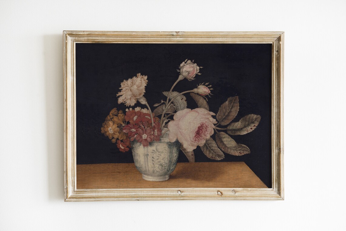 Moody Dark Floral Still Life Vase Roses Vintage Oil Painting Art Print