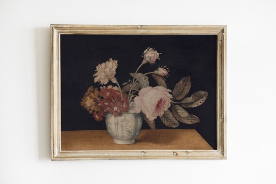 Dark Vintage Floral Painting Dark Academia Wall Art Moody Farmhouse
