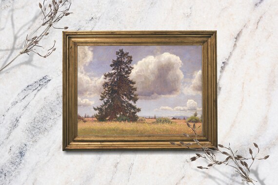 Country Meadow Landscape Tall Fir Tree Clouds Vintage Field Art Print