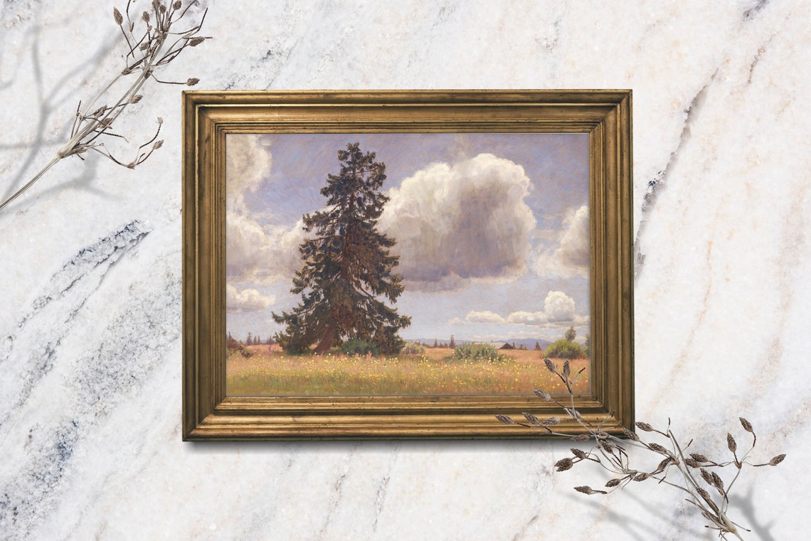 Country Meadow Landscape Tall Fir Tree Clouds Vintage Field Art Print