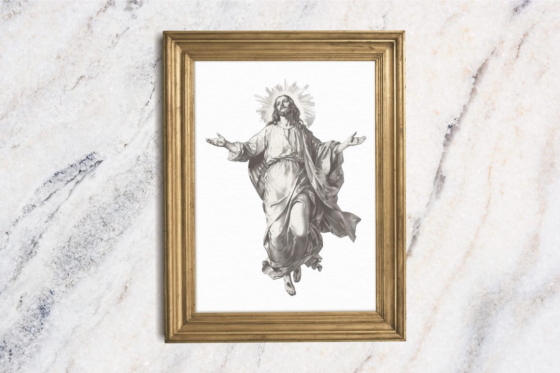 Jesus Christ Ascension Grayscale Engraving Religious Vintage Art Print