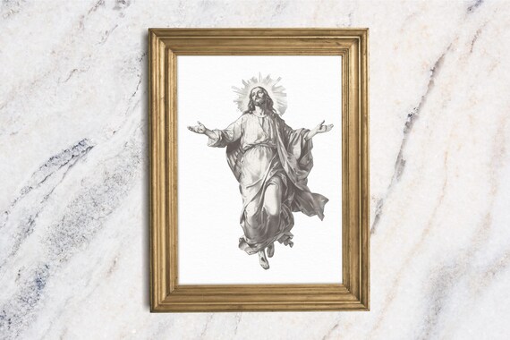 Jesus Christ Ascension Grayscale Engraving Religious Vintage Art Print