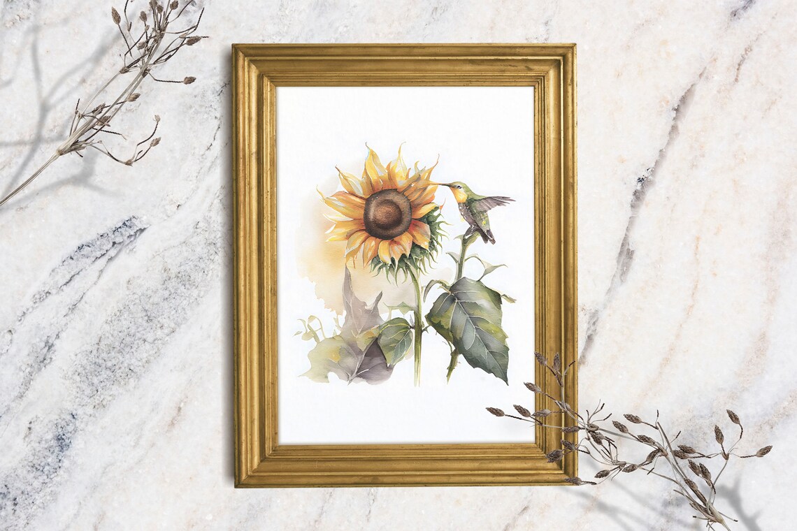 Sunflower Hummingbird Watercolor Painting Botanical Bird Floral Wall Art