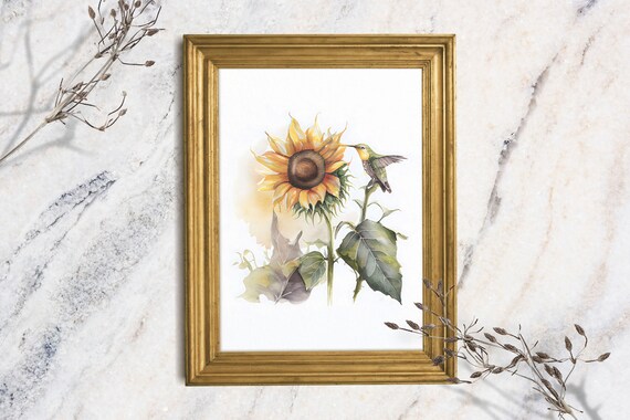 Sunflower Hummingbird Watercolor Painting Botanical Bird Floral Wall Art