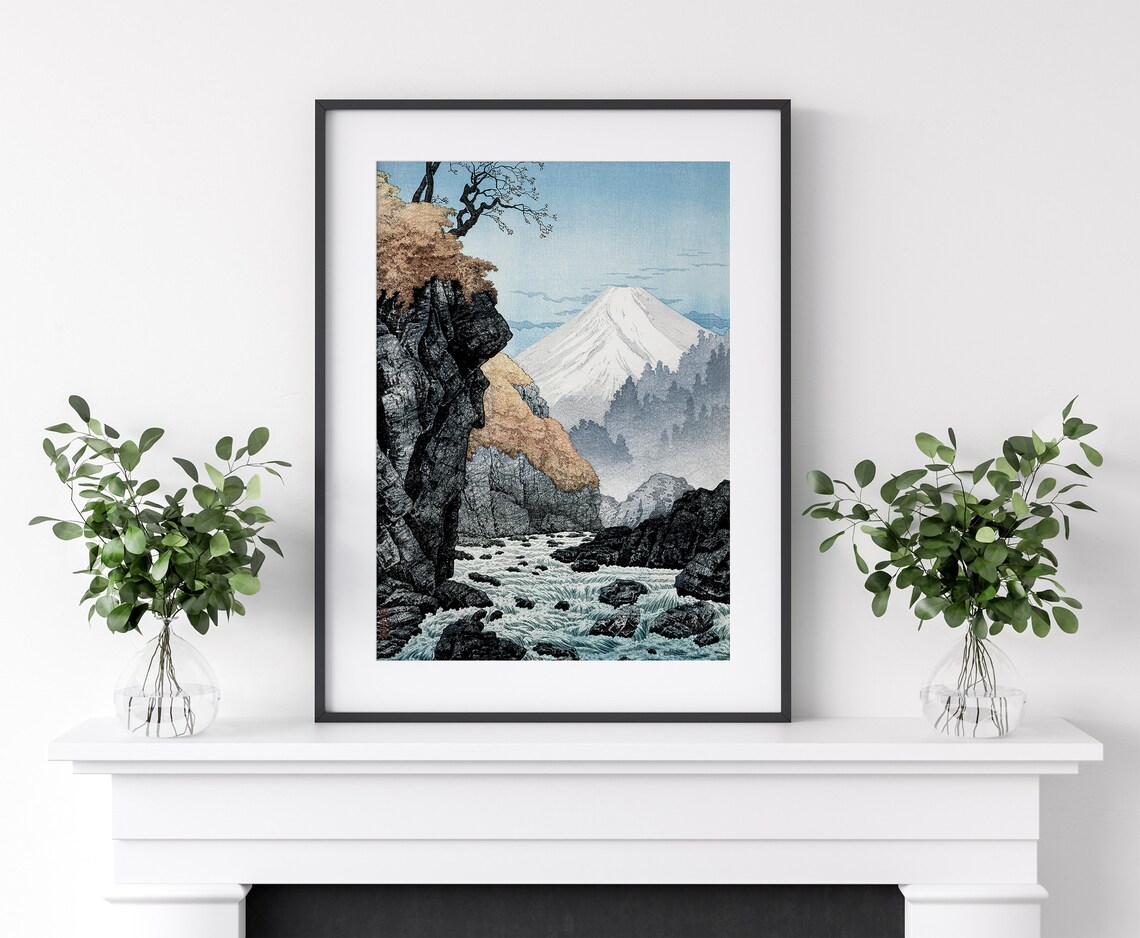 Mount Fuji Snow Capped Peak Rocky River Gorge Japanese Woodblock Print - Image 3