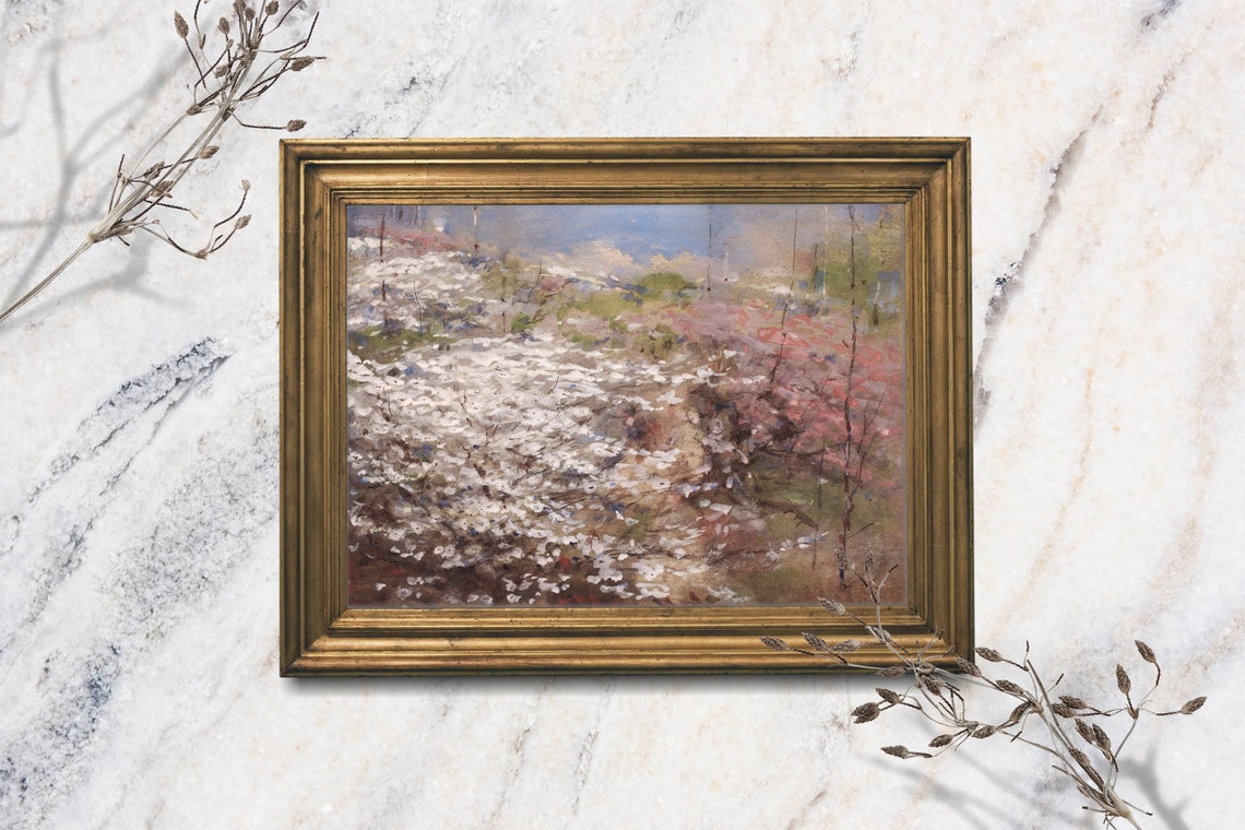 Spring Blossom Meadow White Pink Flowers Impressionist Field Poster