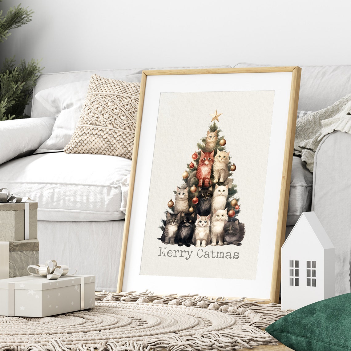 Merry Catmas Christmas Tree Cats Watercolor Holiday Animal Poster - Image 2
