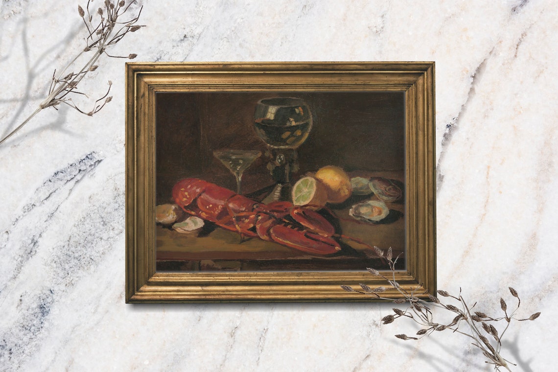 Lobster Art Print Unframed Lobster Oil Painting Print Beach House Dark Academia Coastal Painting Vintage Still Life Painting Nautical