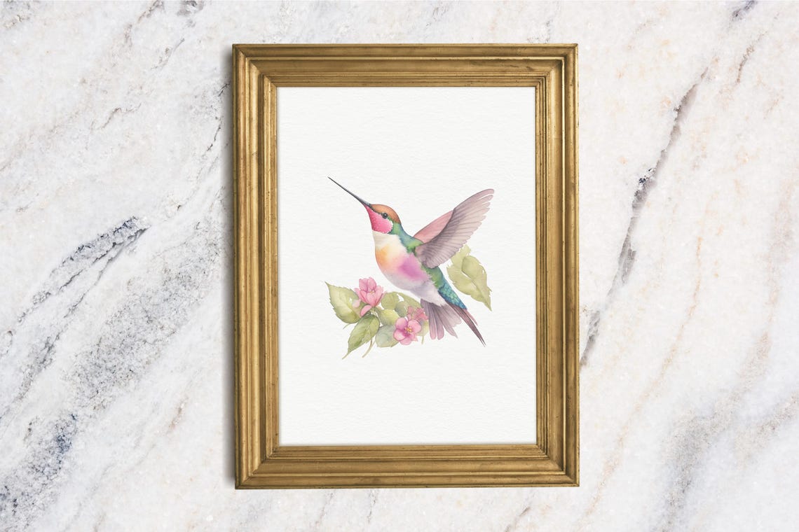 Pink Headed Hummingbird Watercolor Floral Bird Nursery Art Print
