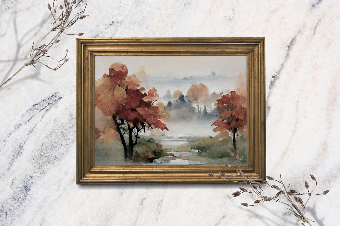 Misty Autumn Landscape Watercolor Red Trees Lakeside Fall Art Print