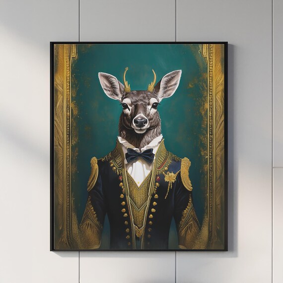 Majestic Deer Portrait Wall Artwork File Royal Noble Animal Print Luxury Anthropomorphic Wildlife For Elegant Home Japan