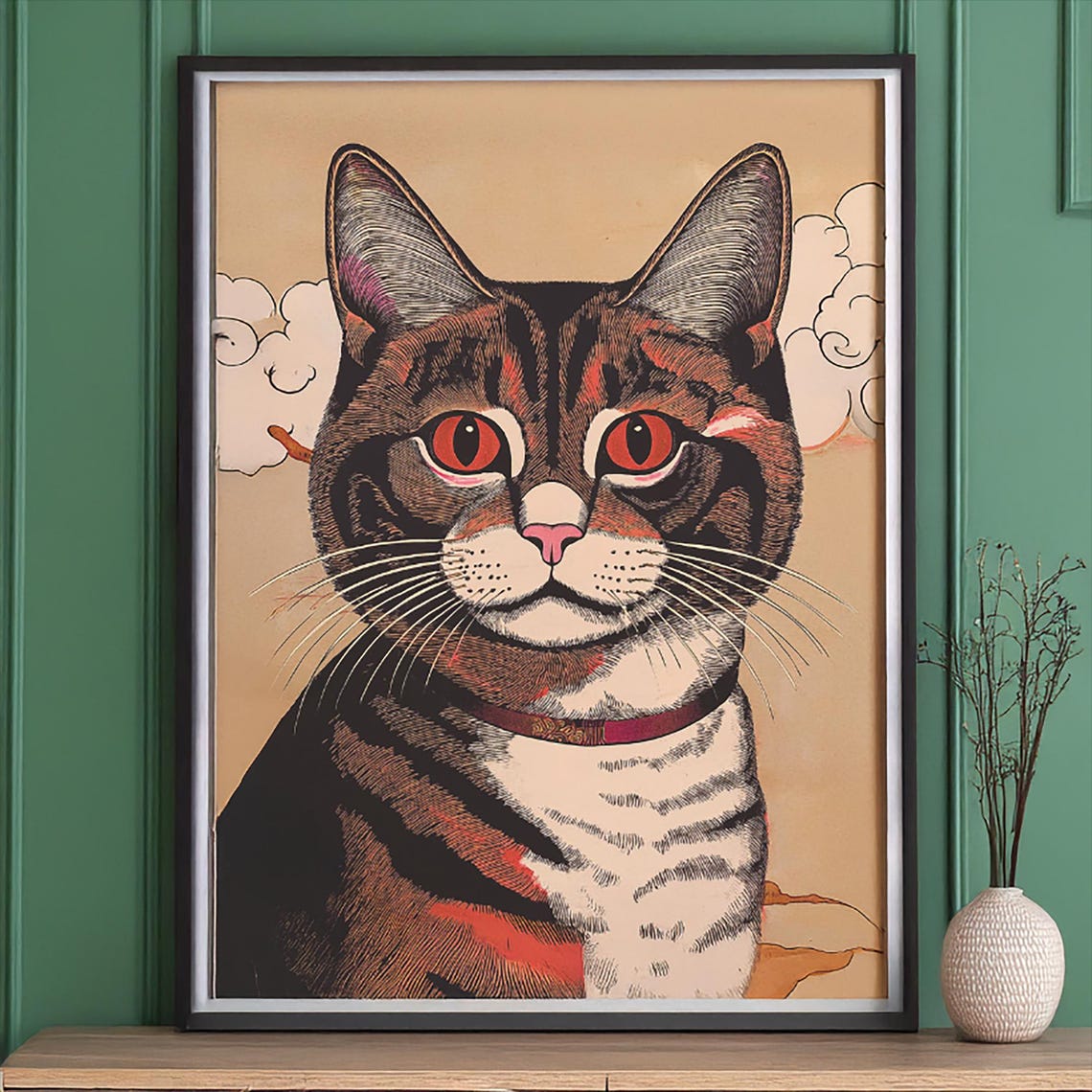 Brown Tabby Cat With Red Eyes Japanese Ukiyoe Portrait Poster