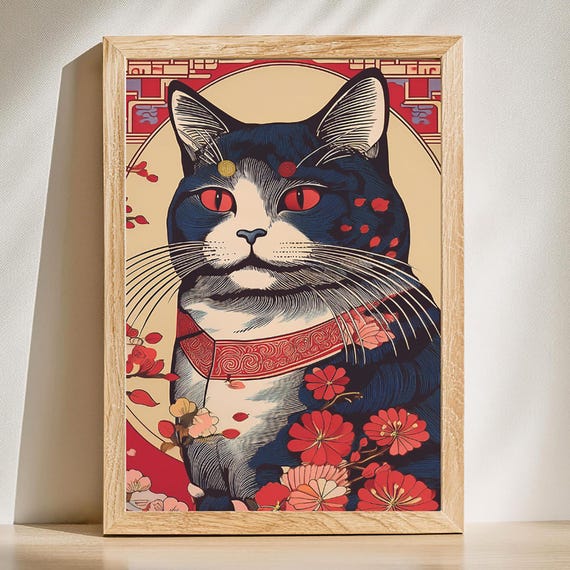 Japandi Style Cat Art Print Minimalist Japaneseinspired Wall Decor Modern Floral Illustration Poster Japanese Zen
