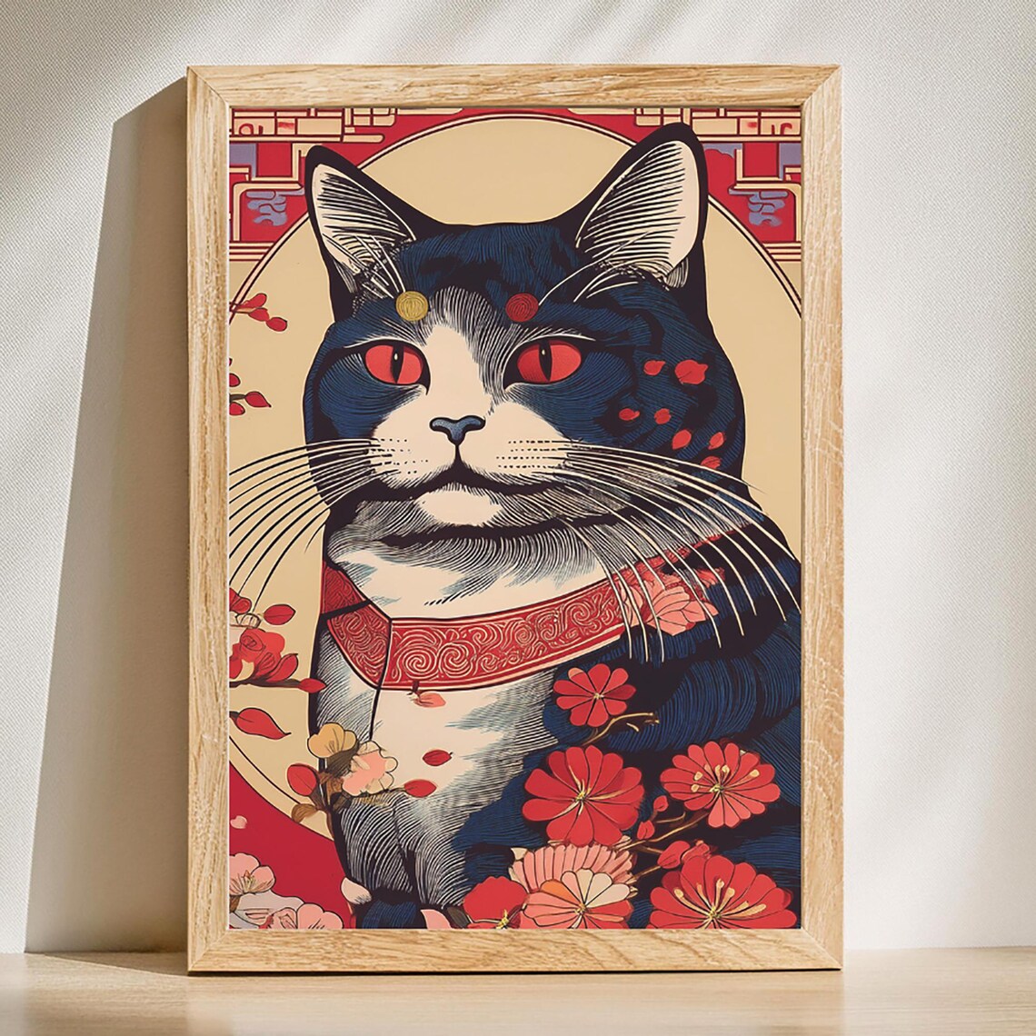 Black Cat With Red Eyes Cherry Blossom Ukiyoe Japanese Art Poster