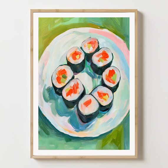 Fresh Sushi Rolls Platter Green Background Modern Food Art Poster