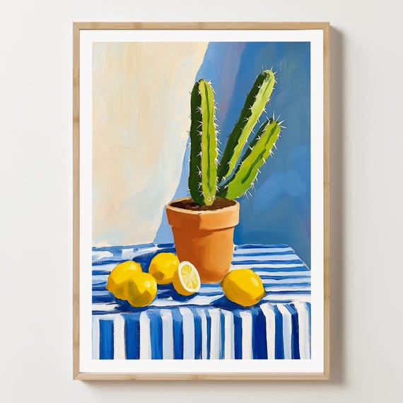 Cactus Wall Art Lemon Print Citrus Illustration Fruit Summer Decor Kitchen