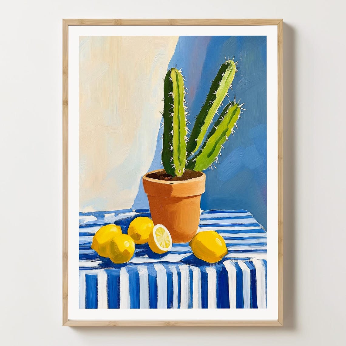 Sunny Cactus And Lemons Still Life Blue Striped Table Art Poster