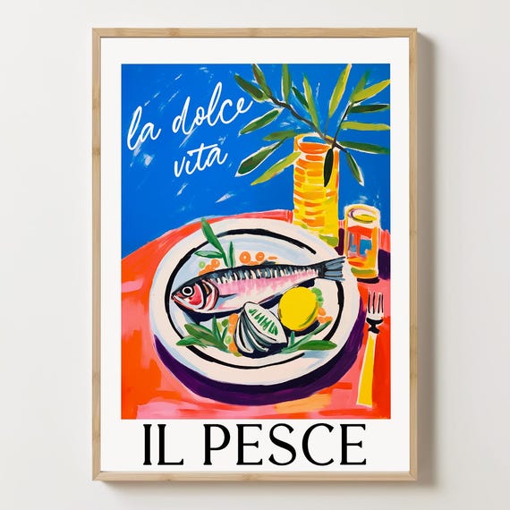 Italian Kitchen Wall Art Seafood Poster Fish Print La Dolce Vita Il Pesce Coastal Dining Decor
