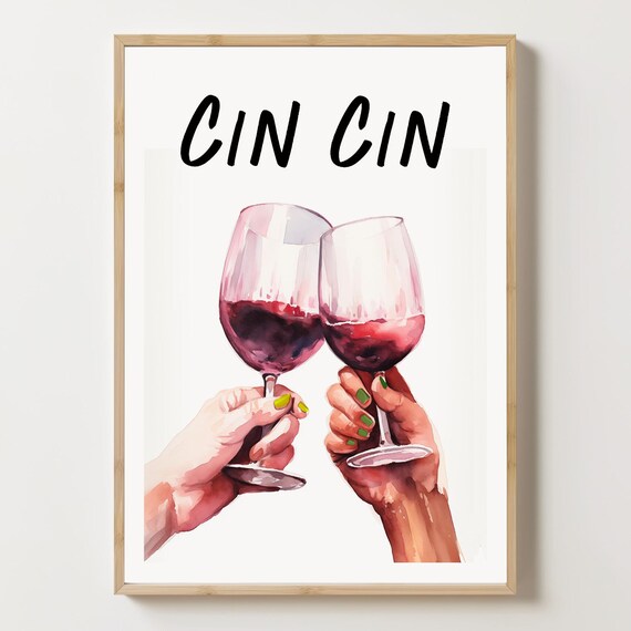 Cin Cin Red Wine Toast Cheers Watercolor Glasses Bar Wall Art