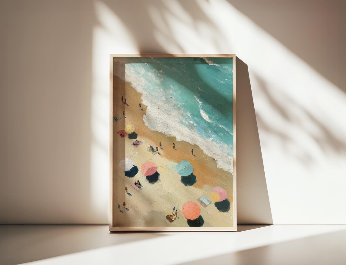 Aerial Beach with Colorful Umbrellas Ocean Waves Painting Poster