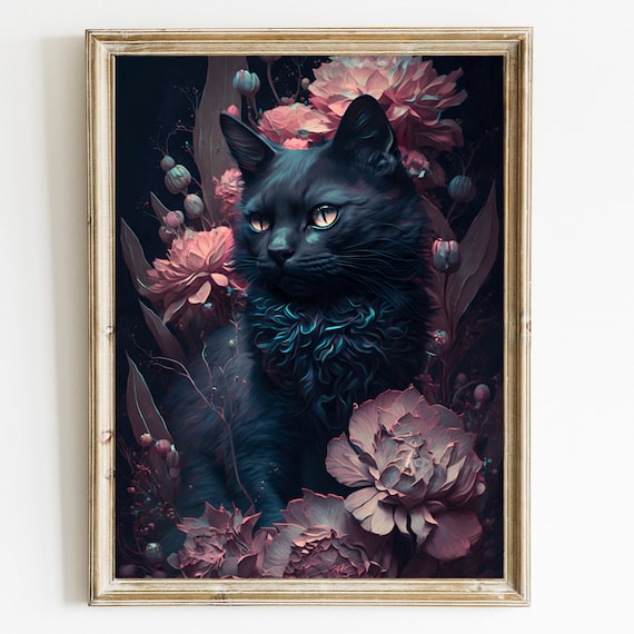 Black Cat Moody Floral Portrait Vintage Style Cat Artwork Poster