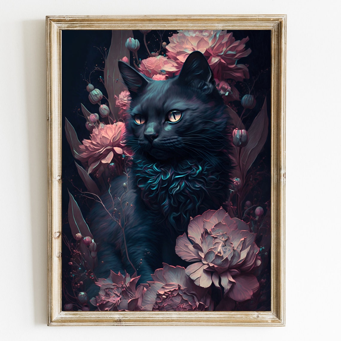 Black Cat Moody Floral Portrait Vintage Style Cat Artwork Poster