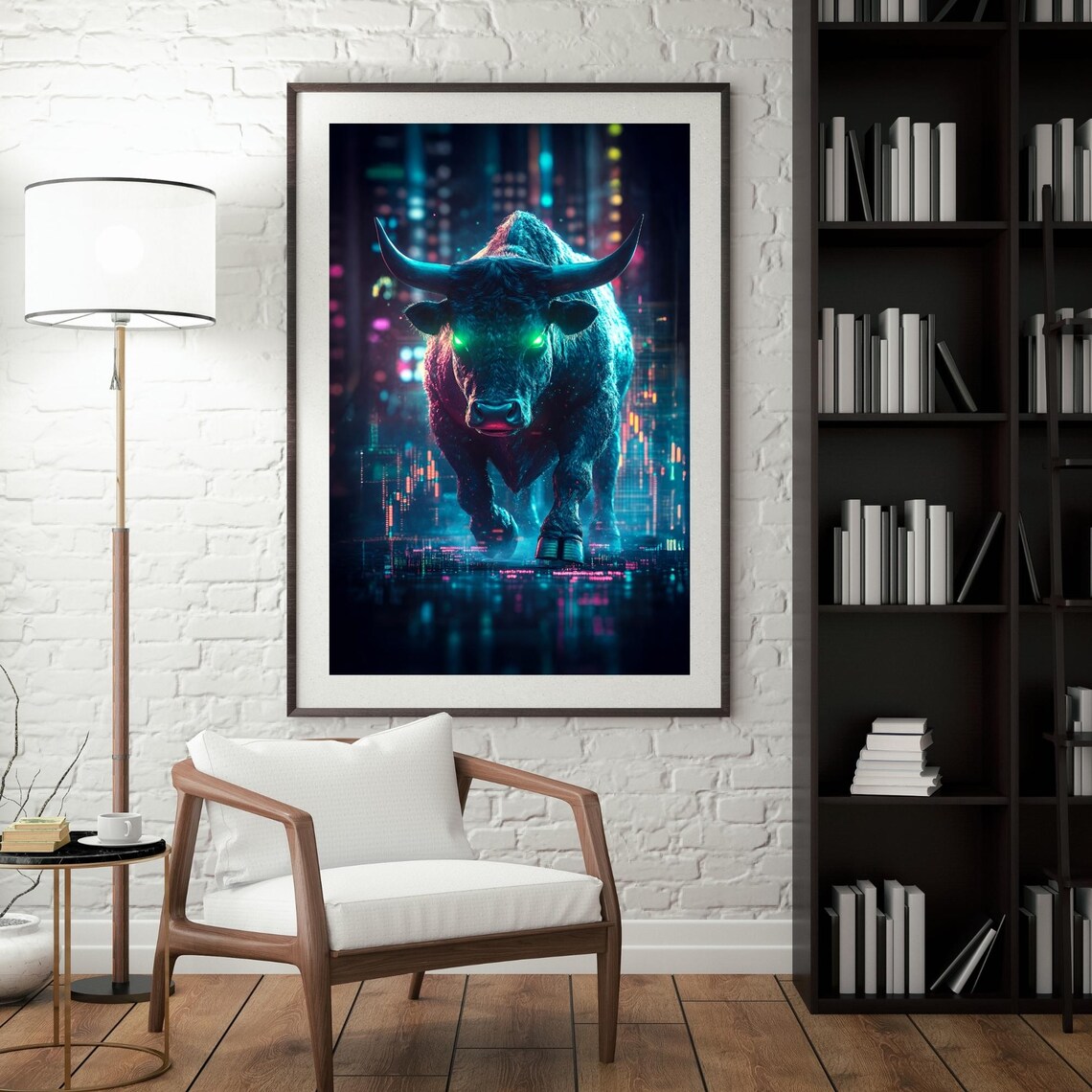 Neon Cyberpunk Trading Bull Market Stock Chart Digital Art Poster - Image 3