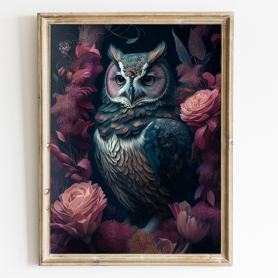 Owl Among Dark Red Roses Vintage Boho Floral Bird Portrait Poster