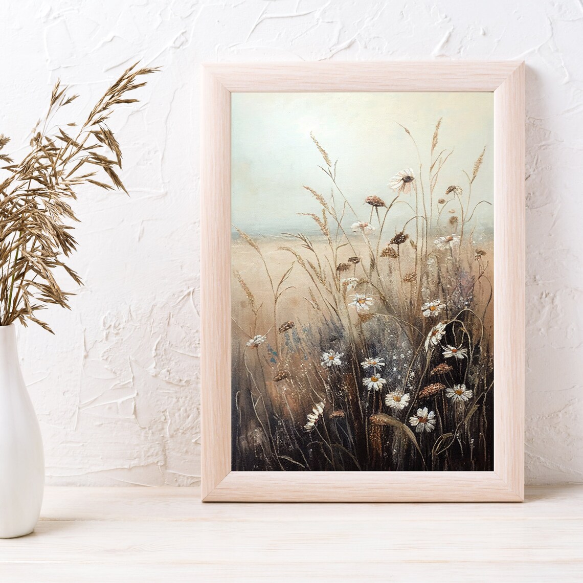 Wildflower Daisy Meadow In Soft Beige Vintage Farmhouse Art Poster - Image 3