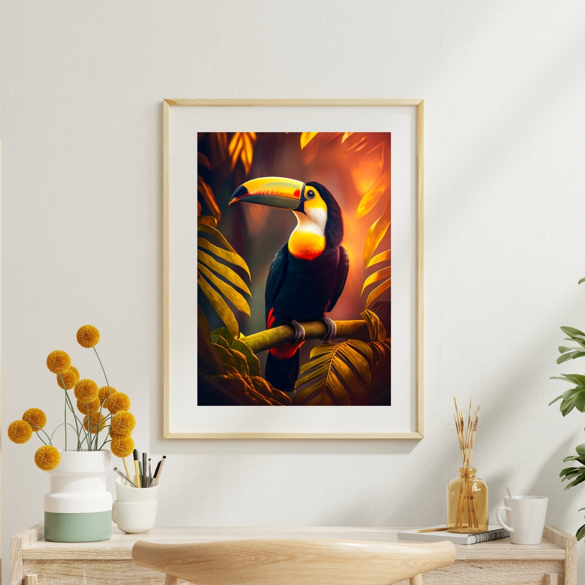 Colorful Toucan with Big Yellow Beak Perched at Golden Sunset Poster - Image 3